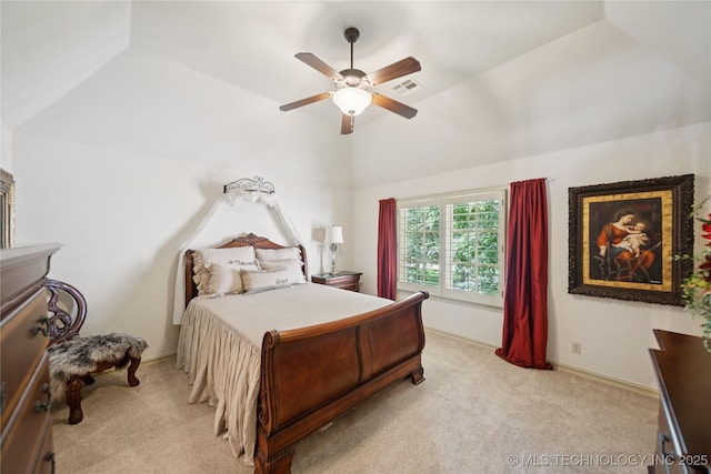 19735 E Woodhaven Rd, Owasso, OK 74055 - bedroom with light colored carpet, lofted ceiling, and ceiling fan