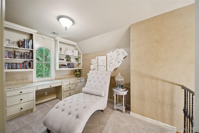 19735 E Woodhaven Rd, Owasso, OK 74055 - sitting room with built in study area, light colored carpet, and vaulted ceiling
