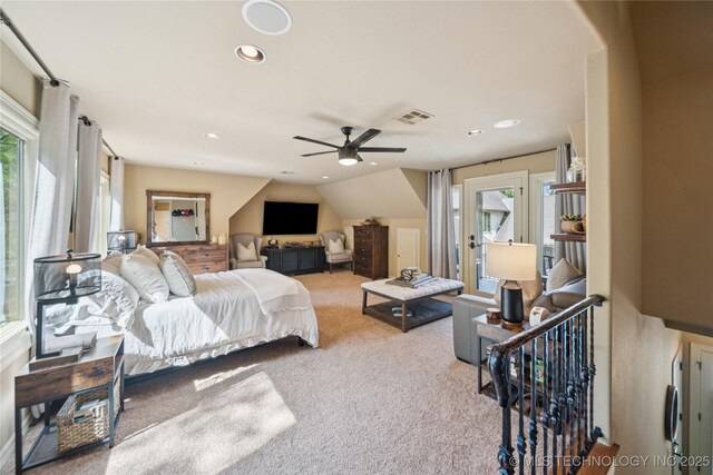19735 E Woodhaven Rd, Owasso, OK 74055 - bedroom featuring multiple windows, carpet flooring, recessed lighting, lofted ceiling, and ceiling fan