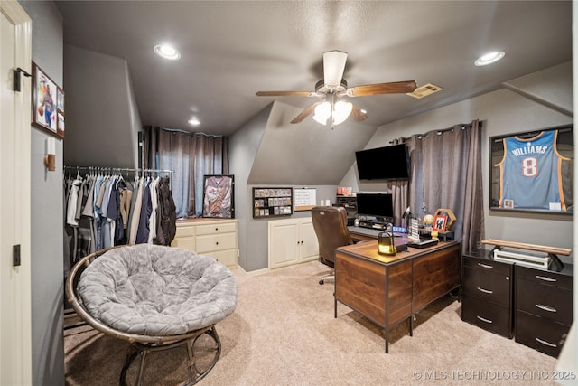 19735 E Woodhaven Rd, Owasso, OK 74055 - office featuring ceiling fan, light colored carpet, recessed lighting, and vaulted ceiling
