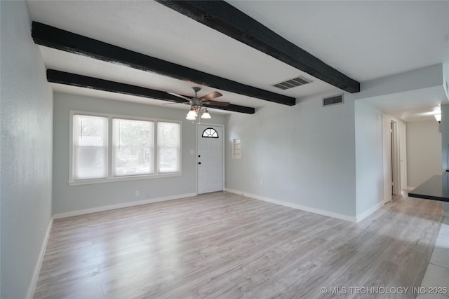 6240 E Latimer Pl, Tulsa, OK 74115 - unfurnished living room featuring ceiling fan, beamed ceiling, and light wood-style flooring
