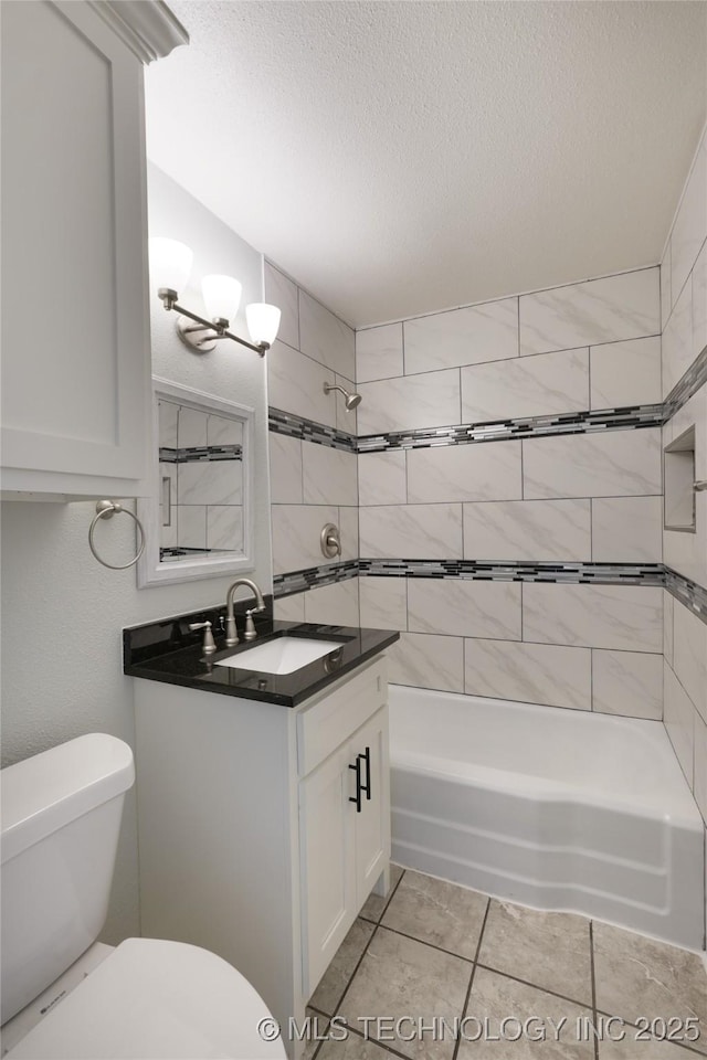 6240 E Latimer Pl, Tulsa, OK 74115 - bathroom featuring vanity, shower / bath combination, a textured ceiling, tile patterned flooring, and a chandelier