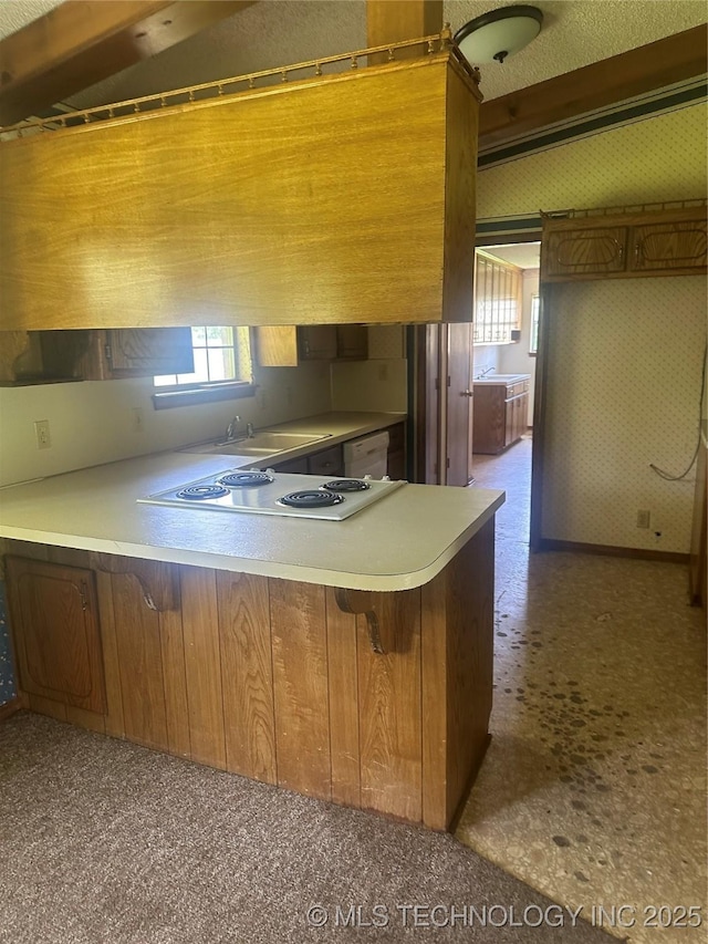 282 Westland Rd, Sapulpa, OK 74066 - kitchen with dishwasher, a peninsula, electric cooktop, light countertops, and brown cabinetry