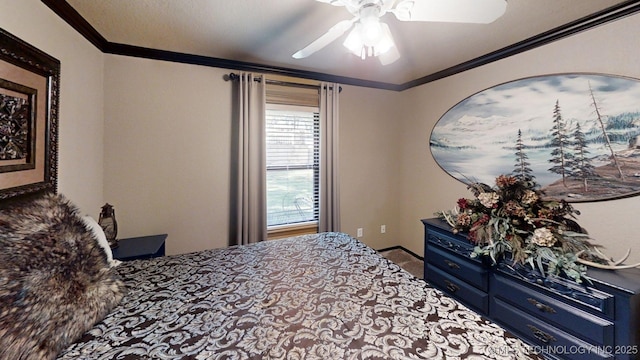 6166 Hedges St, Ardmore, OK 73401 - carpeted bedroom with crown molding and ceiling fan