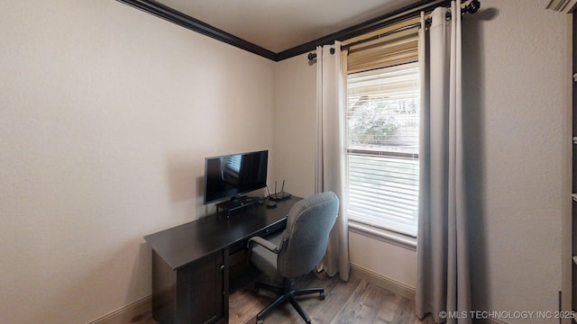 6166 Hedges St, Ardmore, OK 73401 - office area featuring ornamental molding and wood finished floors