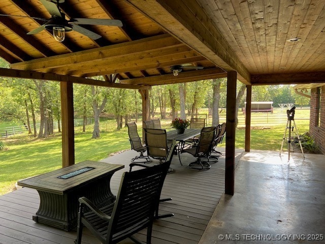 6166 Hedges St, Ardmore, OK 73401 - wooden deck featuring outdoor dining area and ceiling fan
