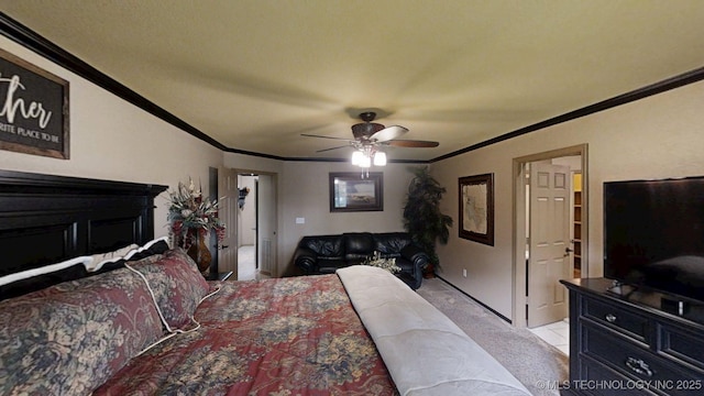 6166 Hedges St, Ardmore, OK 73401 - bedroom featuring crown molding, light colored carpet, and a ceiling fan