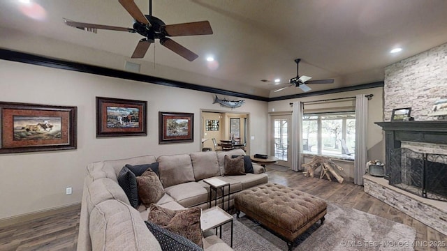 6166 Hedges St, Ardmore, OK 73401 - living area with ceiling fan, wood finished floors, recessed lighting, and a fireplace