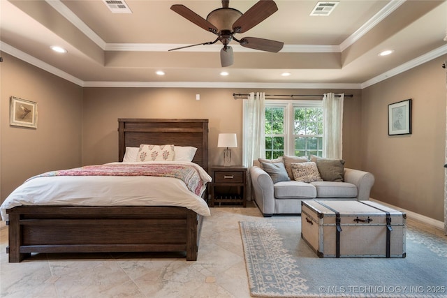 213 Moccasin Ln, Sapulpa, OK 74066 - bedroom with a tray ceiling, ornamental molding, recessed lighting, and a ceiling fan