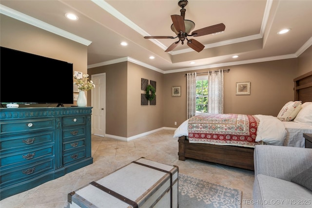 213 Moccasin Ln, Sapulpa, OK 74066 - bedroom with a tray ceiling, crown molding, recessed lighting, and a ceiling fan