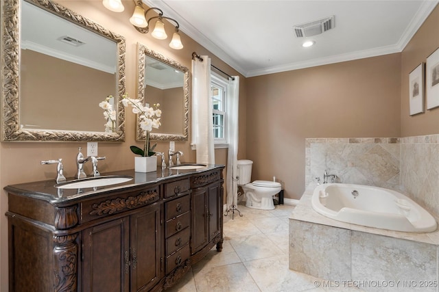 213 Moccasin Ln, Sapulpa, OK 74066 - bathroom with a bath, double vanity, and ornamental molding