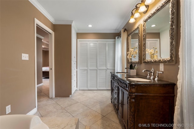 213 Moccasin Ln, Sapulpa, OK 74066 - full bathroom with double vanity, ornamental molding, tile patterned flooring, and recessed lighting