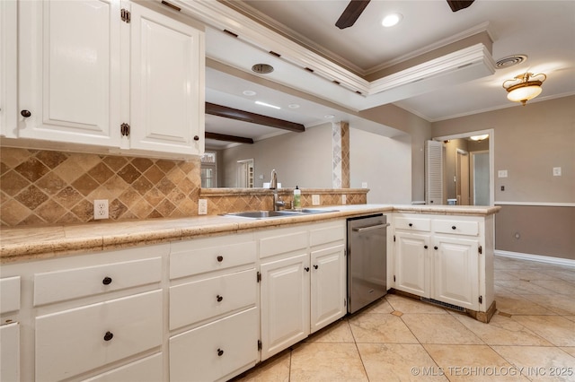 213 Moccasin Ln, Sapulpa, OK 74066 - kitchen featuring dishwasher, ornamental molding, backsplash, light countertops, and white cabinetry