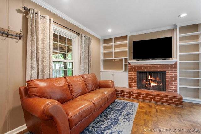 213 Moccasin Ln, Sapulpa, OK 74066 - living area with crown molding, a brick fireplace, recessed lighting, and built in shelves