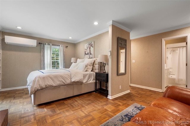 213 Moccasin Ln, Sapulpa, OK 74066 - bedroom with a wall mounted air conditioner, crown molding, connected bathroom, and recessed lighting