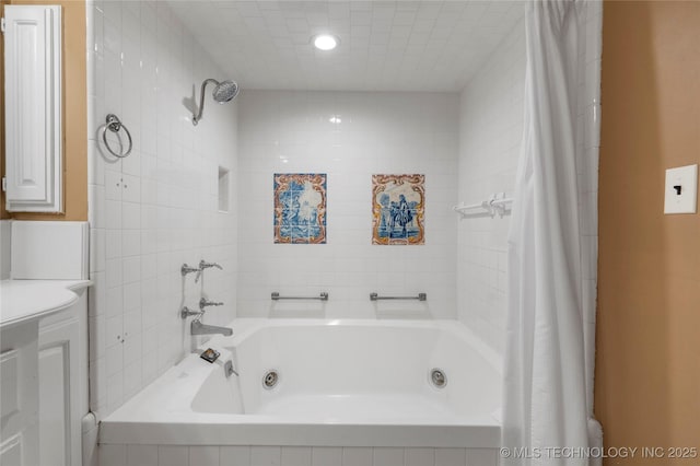 213 Moccasin Ln, Sapulpa, OK 74066 - bathroom with a combined bath / shower with jetted tub, recessed lighting, and vanity