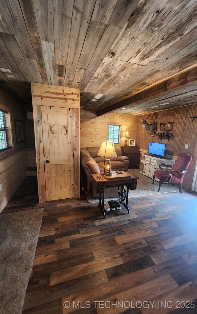 181103 W Sherman Rd, Moyers, OK 74557 - living area featuring wood walls, wooden ceiling, and dark wood finished floors