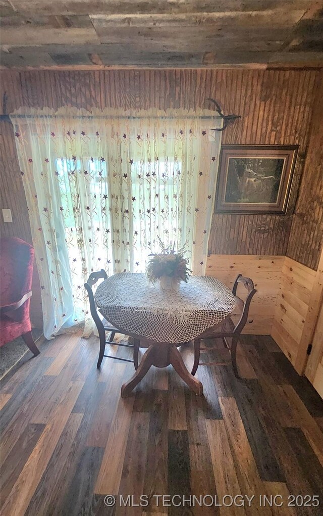 181103 W Sherman Rd, Moyers, OK 74557 - dining area featuring wooden walls, wood finished floors, and wood ceiling