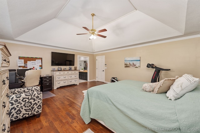 33922 S 4240th Rd, Inola, OK 74036 - bedroom with a raised ceiling, dark wood finished floors, crown molding, ceiling fan, and ensuite bathroom