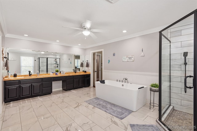 33922 S 4240th Rd, Inola, OK 74036 - full bath with a shower stall, double vanity, a freestanding bath, crown molding, and a wainscoted wall