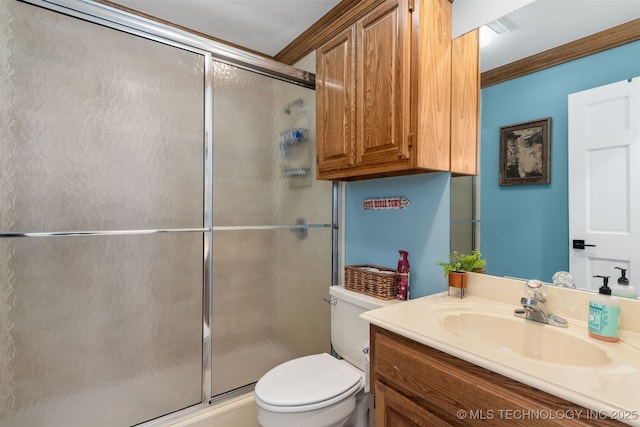 33922 S 4240th Rd, Inola, OK 74036 - bathroom with vanity, a shower with door, and crown molding