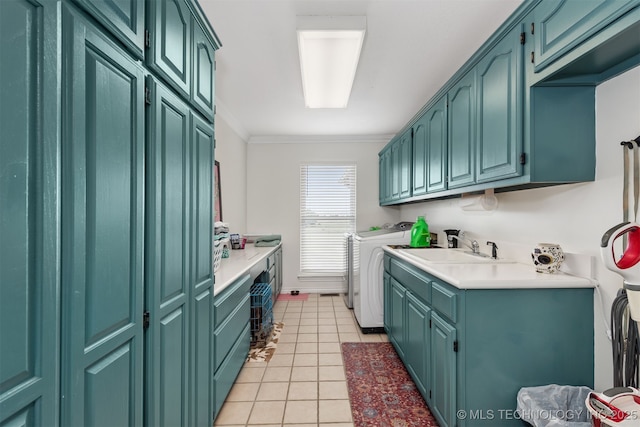 33922 S 4240th Rd, Inola, OK 74036 - washroom featuring washer and dryer, cabinet space, ornamental molding, and light tile patterned floors