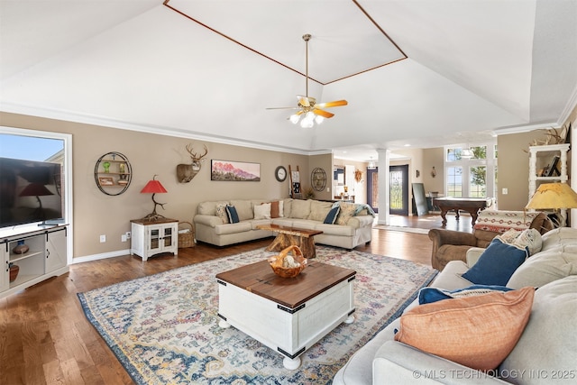 33922 S 4240th Rd, Inola, OK 74036 - living room featuring ornate columns, wood finished floors, ornamental molding, ceiling fan, and high vaulted ceiling