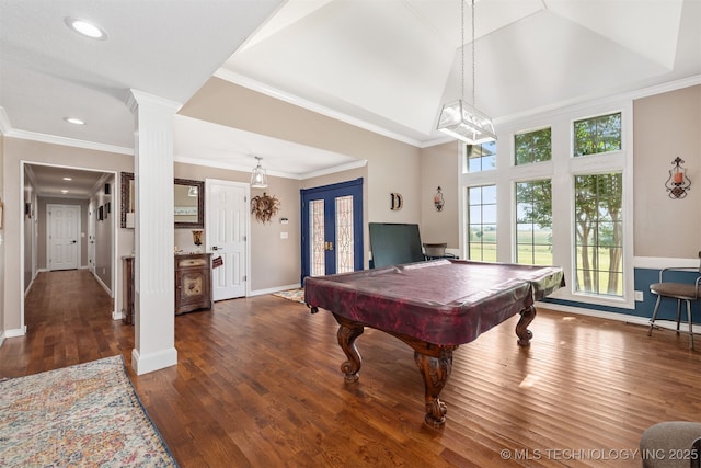 33922 S 4240th Rd, Inola, OK 74036 - playroom featuring wood finished floors, billiards, recessed lighting, crown molding, and vaulted ceiling