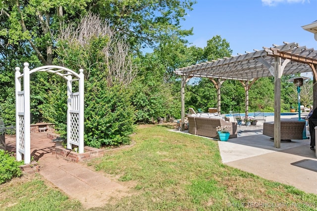 33922 S 4240th Rd, Inola, OK 74036 - view of grassy yard featuring outdoor lounge area, a pergola, an outdoor pool, and a patio