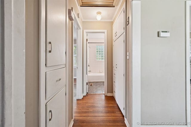 1422 E 52nd St, Tulsa, OK 74105 - hall featuring dark wood-style floors and crown molding