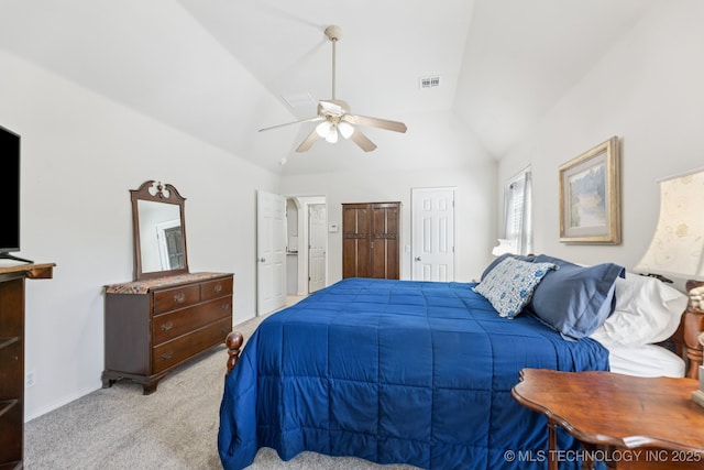 1014 W 120th St S, Jenks, OK 74037 - carpeted bedroom featuring vaulted ceiling, multiple closets, and a ceiling fan