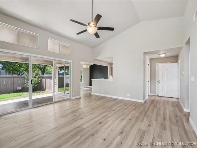 9118 S Florence Ave Unit 9118, Tulsa, OK 74137 - unfurnished living room featuring ceiling fan, light wood finished floors, and high vaulted ceiling