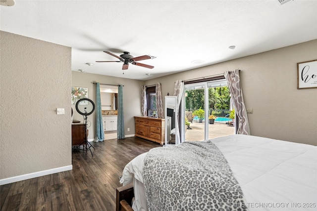 18251 145th W Ave, Sapulpa, OK 74066 - bedroom featuring access to exterior, a textured wall, wood finished floors, ensuite bathroom, and ceiling fan