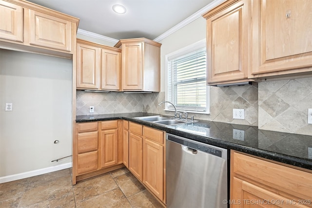 2811 E 22nd St, Tulsa, OK 74114 - kitchen with stainless steel dishwasher, light brown cabinetry, ornamental molding, backsplash, and light stone finish flooring
