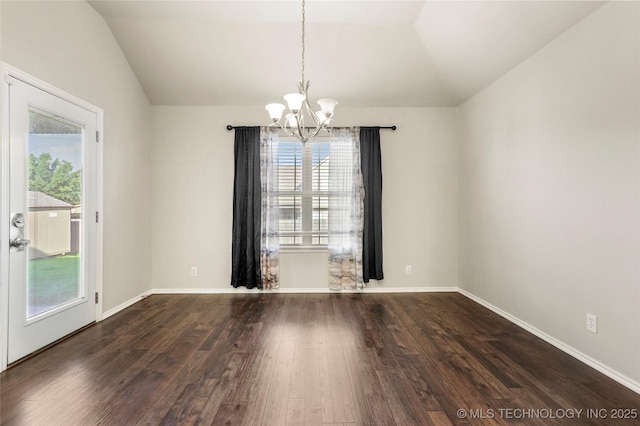5612 N 31st St, Broken Arrow, OK 74014 - unfurnished room featuring lofted ceiling, a chandelier, plenty of natural light, and dark wood-type flooring