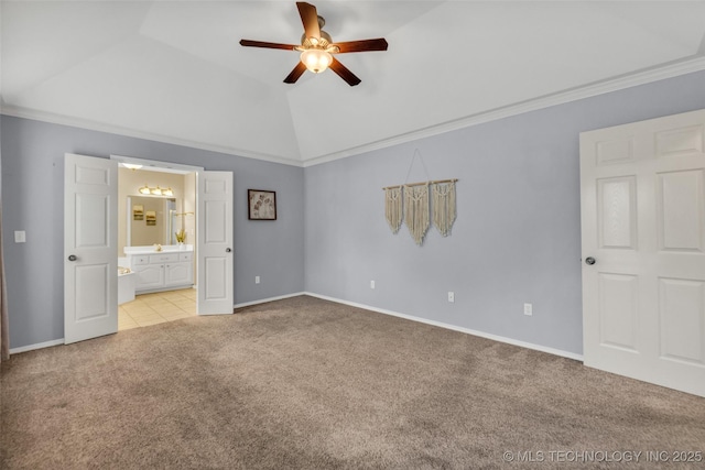 19722 E 50th Ct S, Broken Arrow, OK 74014 - unfurnished bedroom featuring light carpet, vaulted ceiling, ensuite bathroom, ornamental molding, and ceiling fan