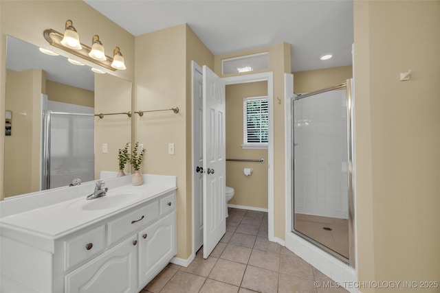 19722 E 50th Ct S, Broken Arrow, OK 74014 - full bath with tile patterned flooring, vanity, and a stall shower
