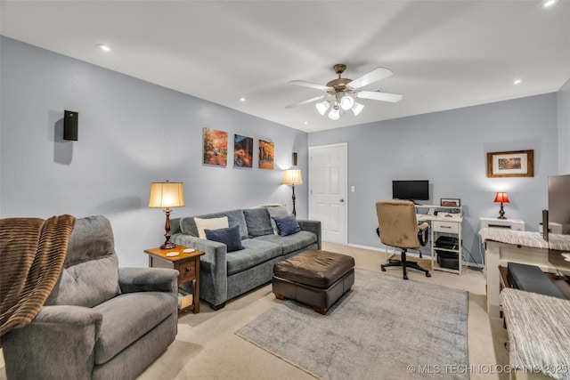 19722 E 50th Ct S, Broken Arrow, OK 74014 - living area with light carpet, ceiling fan, recessed lighting, and a desk