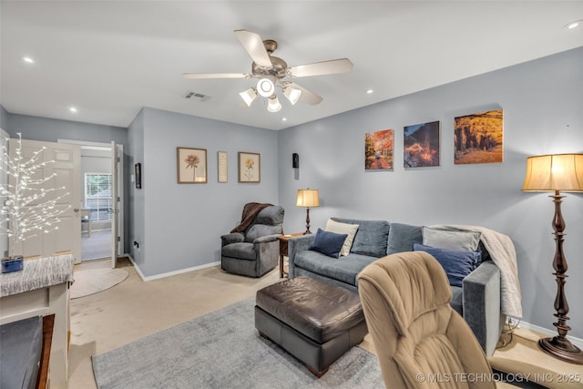 19722 E 50th Ct S, Broken Arrow, OK 74014 - carpeted living room with a ceiling fan and recessed lighting