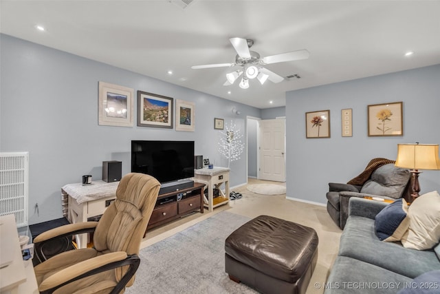 19722 E 50th Ct S, Broken Arrow, OK 74014 - living room with ceiling fan, recessed lighting, light carpet, and a desk