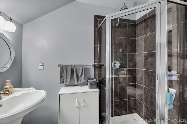 19722 E 50th Ct S, Broken Arrow, OK 74014 - bathroom with a stall shower and vaulted ceiling