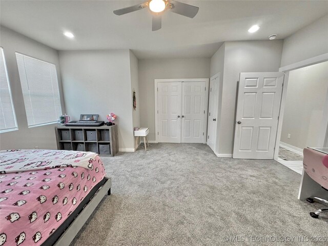 3309 S 116th E Pl, Tulsa, OK 74146 - carpeted bedroom featuring a closet, ceiling fan, and recessed lighting
