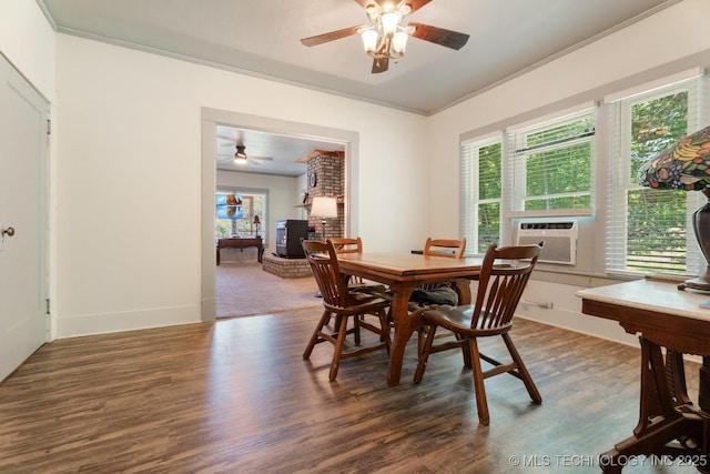 441059 E 155th Rd, Bluejacket, OK 74333 - dining room featuring ceiling fan, cooling unit, wood finished floors, and ornamental molding