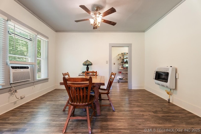 441059 E 155th Rd, Bluejacket, OK 74333 - dining room featuring heating unit, crown molding, ceiling fan, and dark wood-style floors
