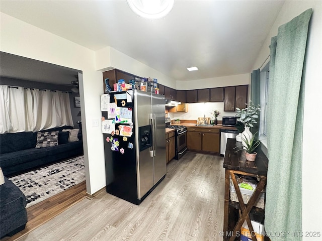114 W 32nd St, Sand Springs, OK 74063 - kitchen featuring appliances with stainless steel finishes, light wood-style floors, under cabinet range hood, and dark brown cabinets