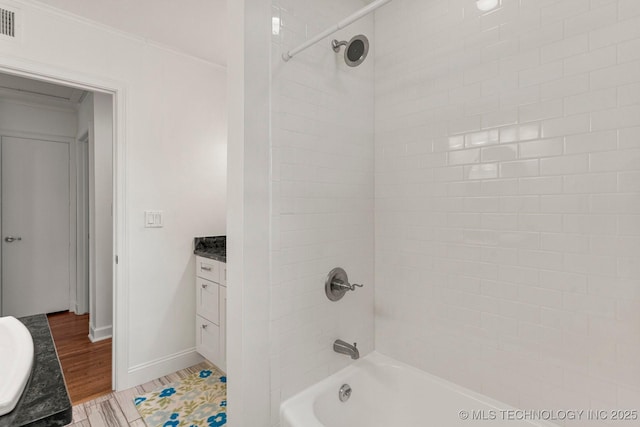 3447 S Gary Pl, Tulsa, OK 74105 - full bathroom with shower / bath combination, vanity, and ornamental molding