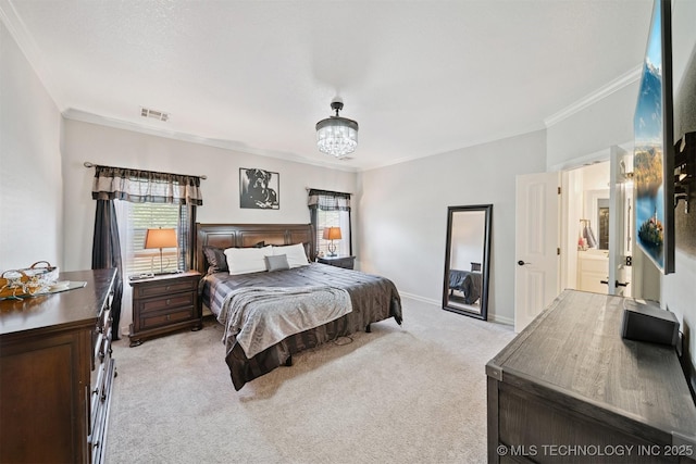 16410 E 49th St, Tulsa, OK 74134 - bedroom with ornamental molding, multiple windows, light colored carpet, and a chandelier