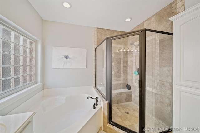 16410 E 49th St, Tulsa, OK 74134 - bathroom featuring a garden tub, a shower stall, vanity, and recessed lighting