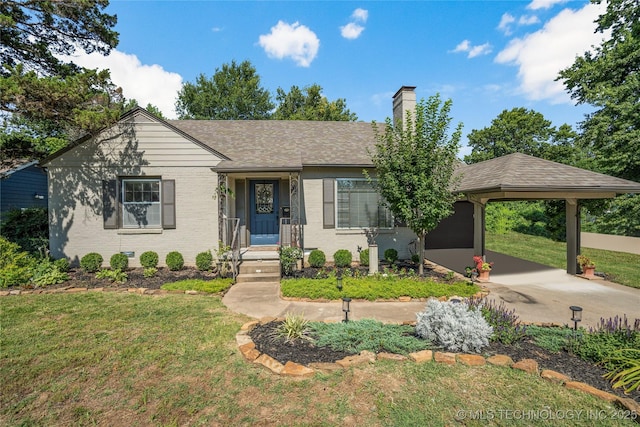 3202 S Detroit Ave, Tulsa, OK 74105 - ranch-style house featuring an attached carport, a chimney, a front lawn, and driveway