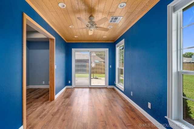20409 E 49th St S, Broken Arrow, OK 74014 - empty room featuring wooden ceiling, crown molding, recessed lighting, wood finished floors, and a ceiling fan